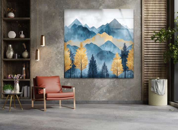 Goldene Kiefern in den Azurbergen – Landschafts-Wandkunst aus Glas