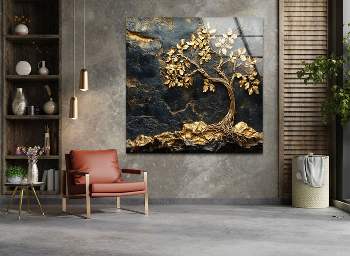 Golden Roots Tree – Strukturierte Luxus-Wandkunst aus Glas