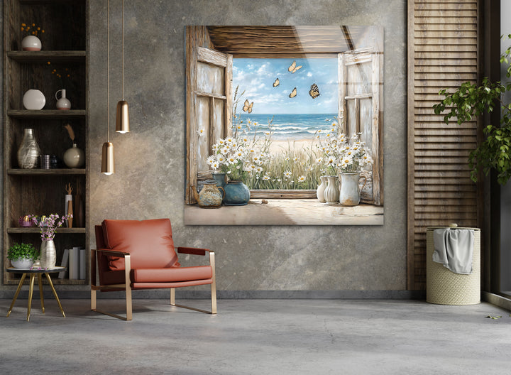 Butterfly Breeze – Window Flower & Ocean View Glass Wall Art
