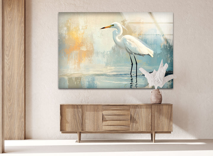Whispering Waters – Minimalistische Reiher-Wandkunst aus Glas