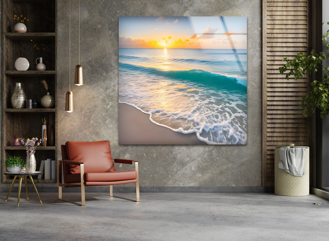 Serene Shoreline – Sunset Ocean Glass Wall Art