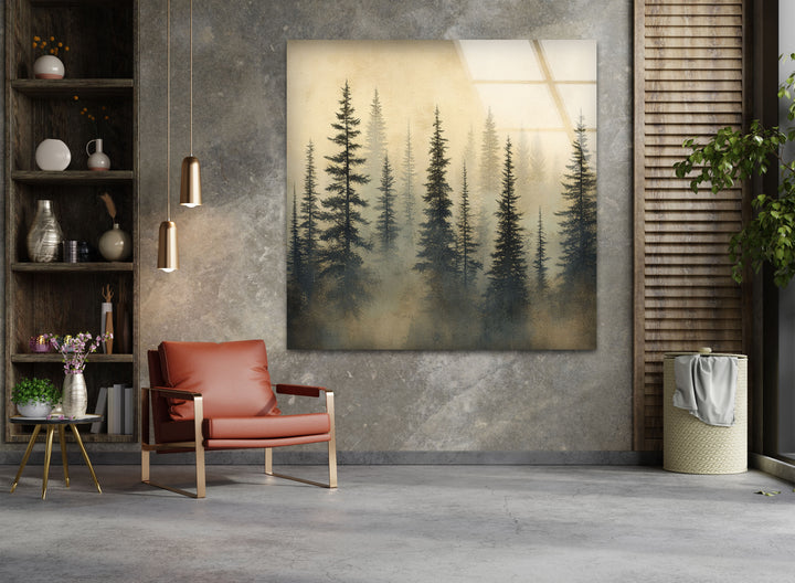 Whispers in the Pines – Misty Forest Scene Glass Wall Art
