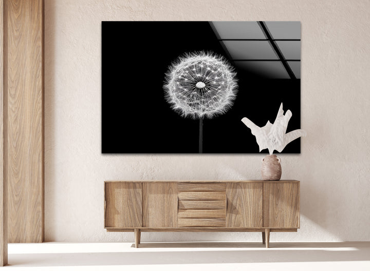 Timeless botanical elegance printed on glass, featuring a striking dandelion in black and white.
