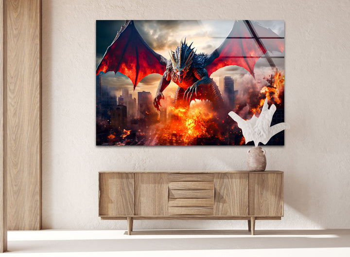 Fiery dragon roaring amidst a city in flames, a force of total destruction.
