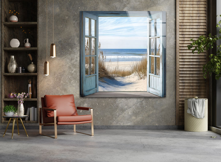 Ocean Breeze Escape – Open Window View Glass Wall Art