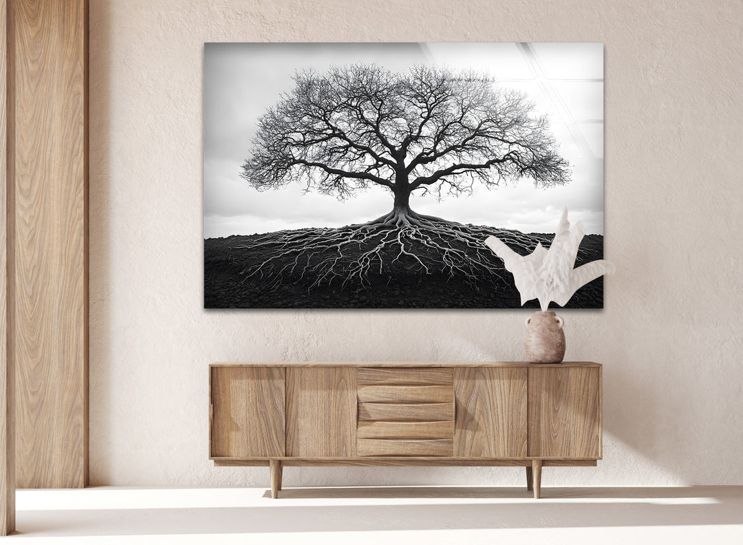 A mesmerizing black and white tree design on glass wall art, symbolizing strength and harmony in nature.
