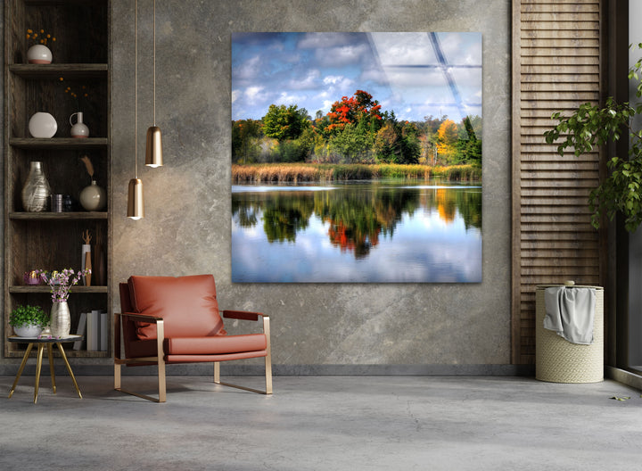 Autumn Reflections – Scenic Forest Lake Glass Wall Art