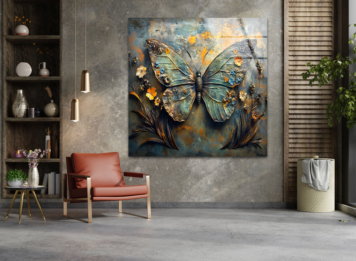 Blühende Flügel – Metallischer Schmetterling mit floralen Akzenten, Glaswandkunst