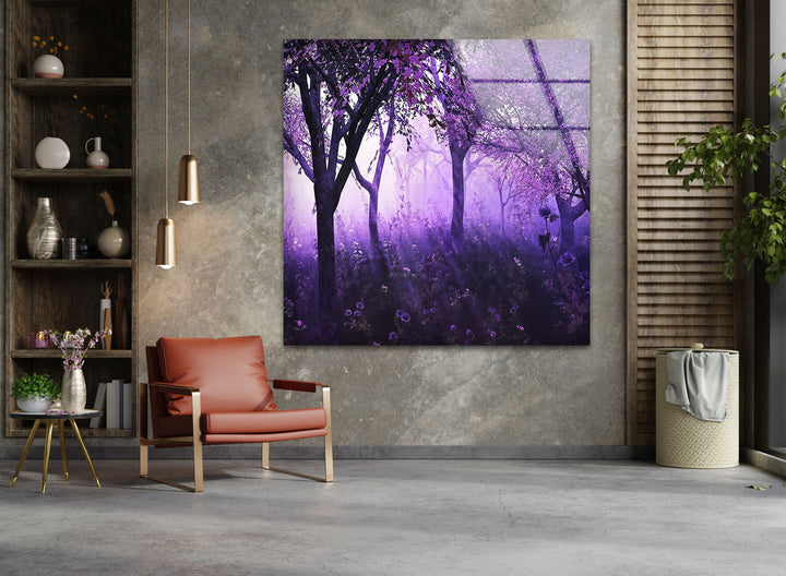 Mystic Purple Forest – Enchanted Trees with Lavender Light Glass Wall Art