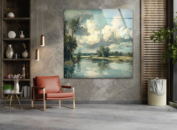 Tranquil Reflections – Serene Countryside River Glass Wall Art