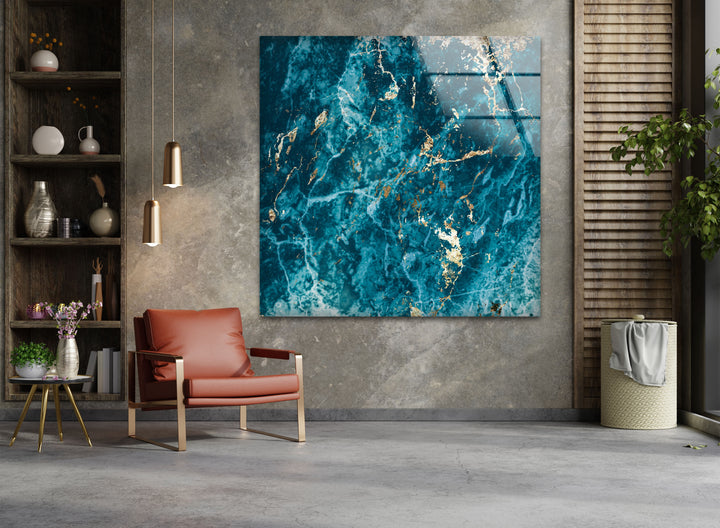 Turquoise Veins – Deep Ocean Blue Glass Wall Art