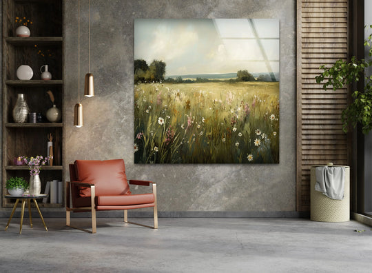 Soft sunshine illuminates the delicate wildflowers in this Golden Meadow Breeze hanging wall art, a tranquil landscape on glass.