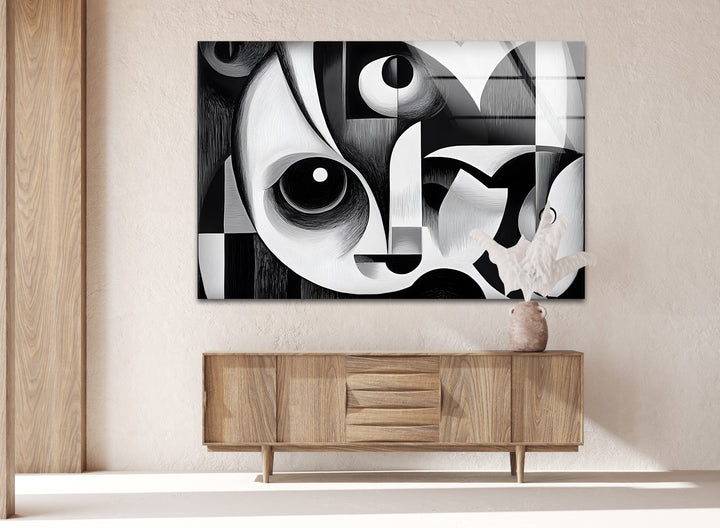 A stunning geometric abstract design in monochrome, adding depth and movement to glass wall art.