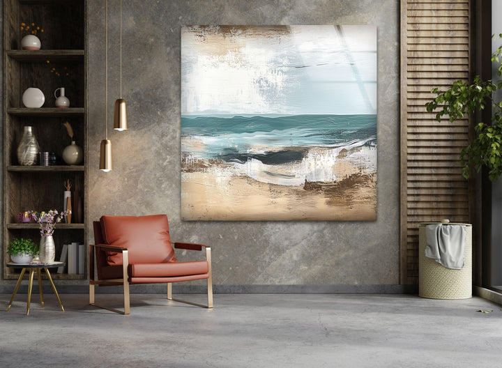 Tranquil Shoreline – Textured Coastal Horizon Glass Wall Art