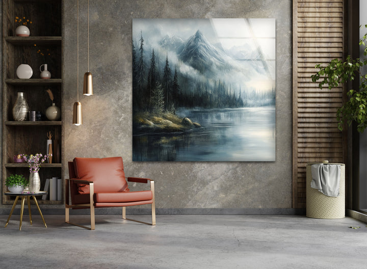 Whispering Pines – Misty Mountain Lake Glass Wall Art