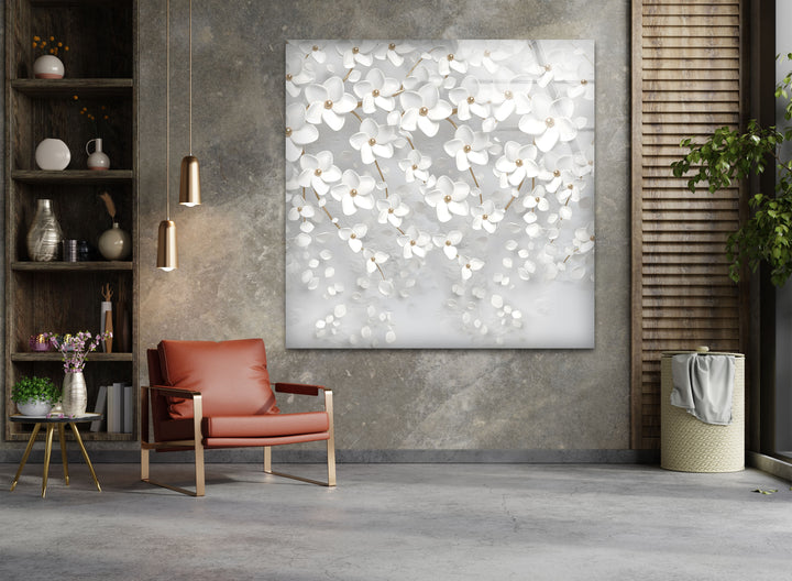 White Blossom Serenity – Elegant Floral Glass Wall Art