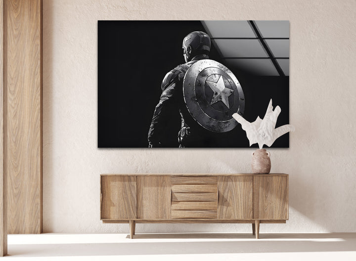 Captain America: A Powerful Black and White Portrait on Glass Wall
