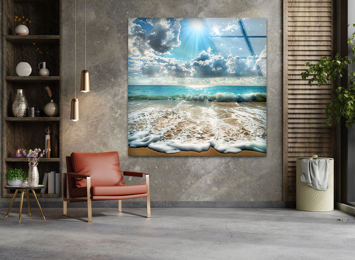 Sunlit Ocean Waves and Sandy Beach - Glass Wall Art