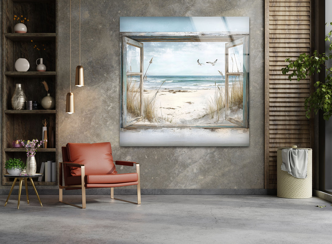 Seaside Freedom – Vintage Window View Glass Wall Art