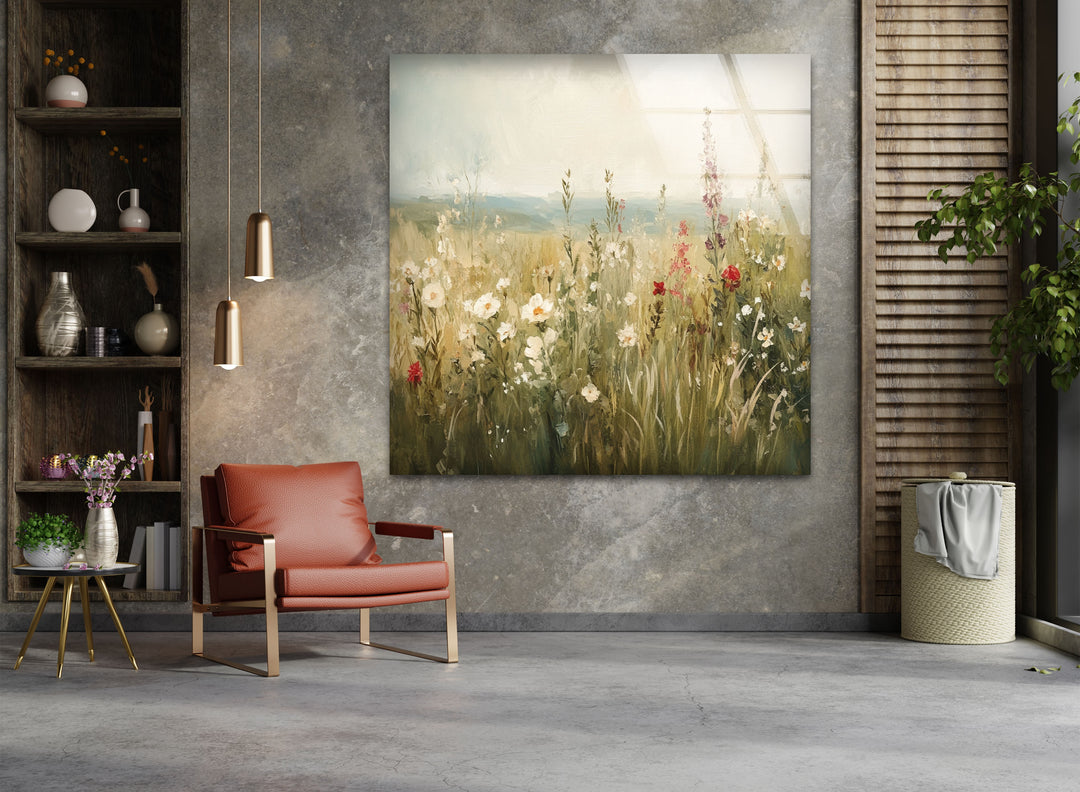 Wildflower Bloom – Tranquil Meadow Scene Glass Wall Art