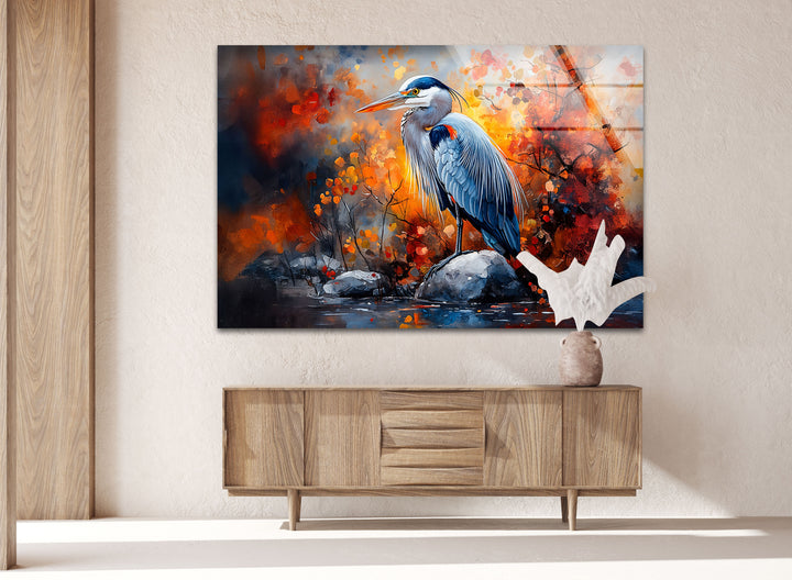Herbstmajestät – Reiher im feurigen Laub Glaswandkunst