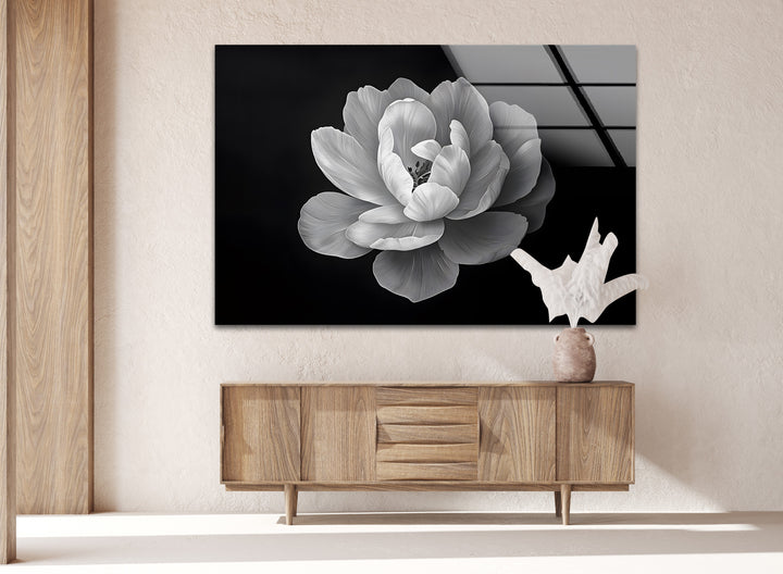 Timeless black and white floral artwork, capturing the beauty of a blooming flower in high detail.