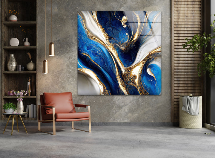 Celestial Currents – Blue and Gold Abstract Glass Wall Art