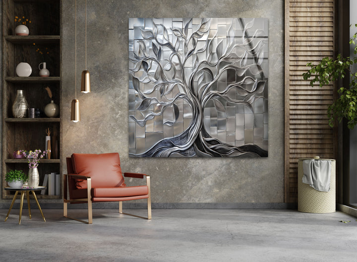 Radiant Silver Tree – Geometric Tile Design Glass Wall Art