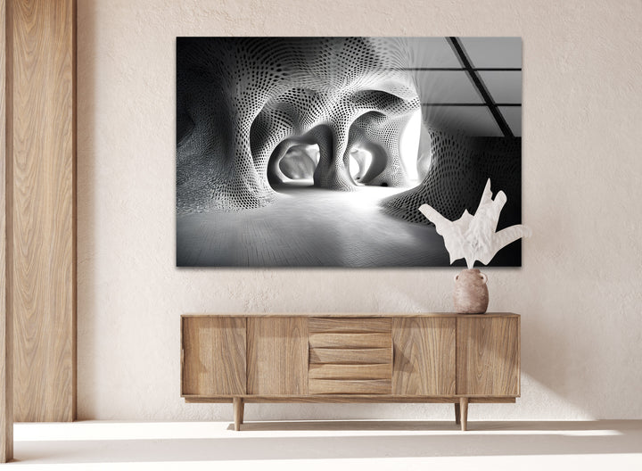 Futuristic black and white architecture art printed on glass, creating a bold and dynamic statement for modern interiors.
