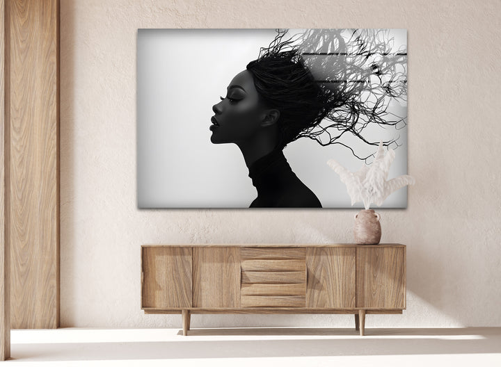 Abstract Profile Portrait – Black & White Woman with Flowing Hair Wall Art