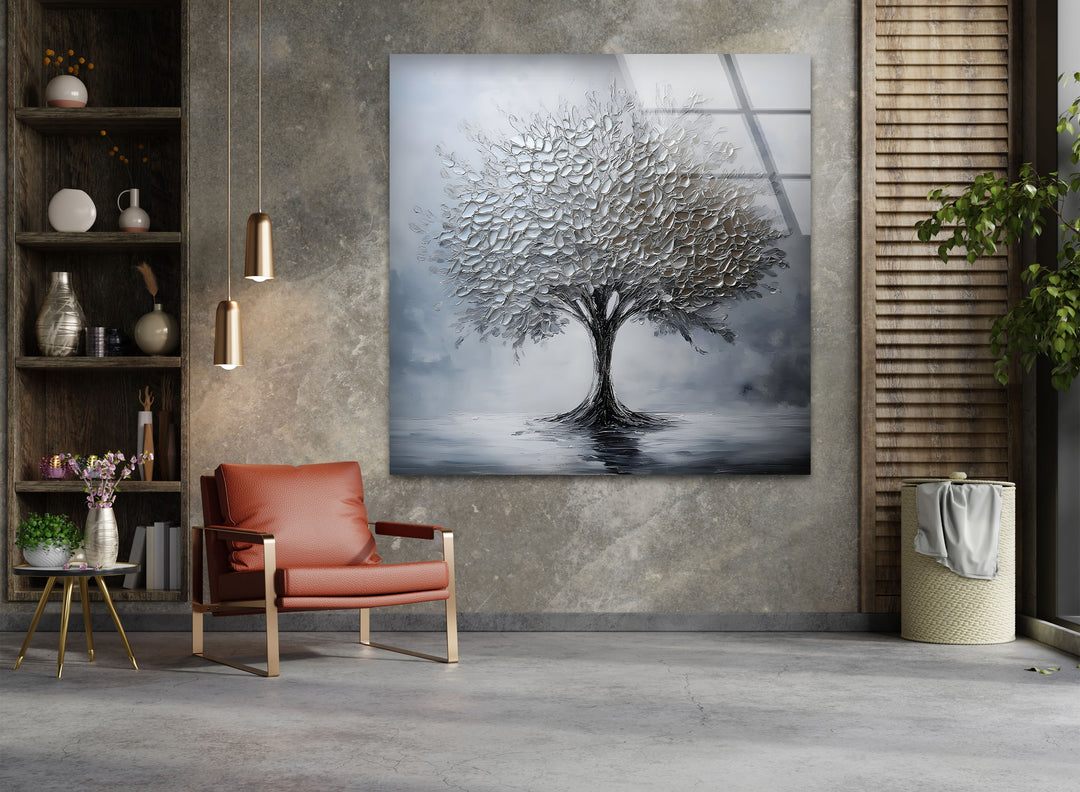 Silver Serenity – Moderne strukturierte Baumglas-Wandkunst