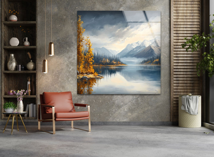Snow-Capped Mountains and Autumn Trees - Glass Wall Art