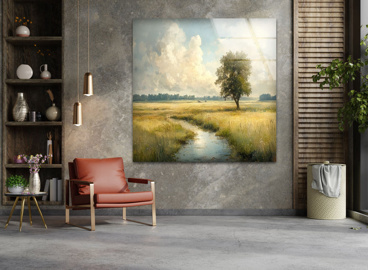 Goldene Wiese – Friedliches Feld mit einsamem Baum, Glaswandkunst