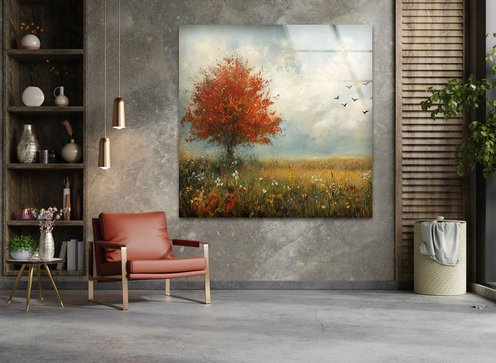 Golden Meadow Breeze – Red Tree in Bloom Glass Wall Art