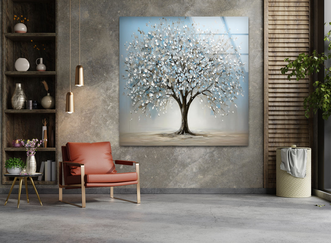 Blossoming Serenity Tree – Textured Modern Nature Glass Wall Art