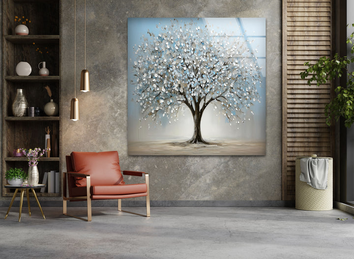 Blossoming Serenity Tree – Textured Modern Nature Glass Wall Art