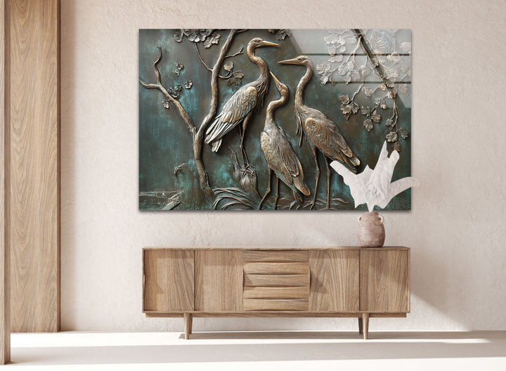 Verdigris Harmony – Bronze Crane Trio Glass Wall Art