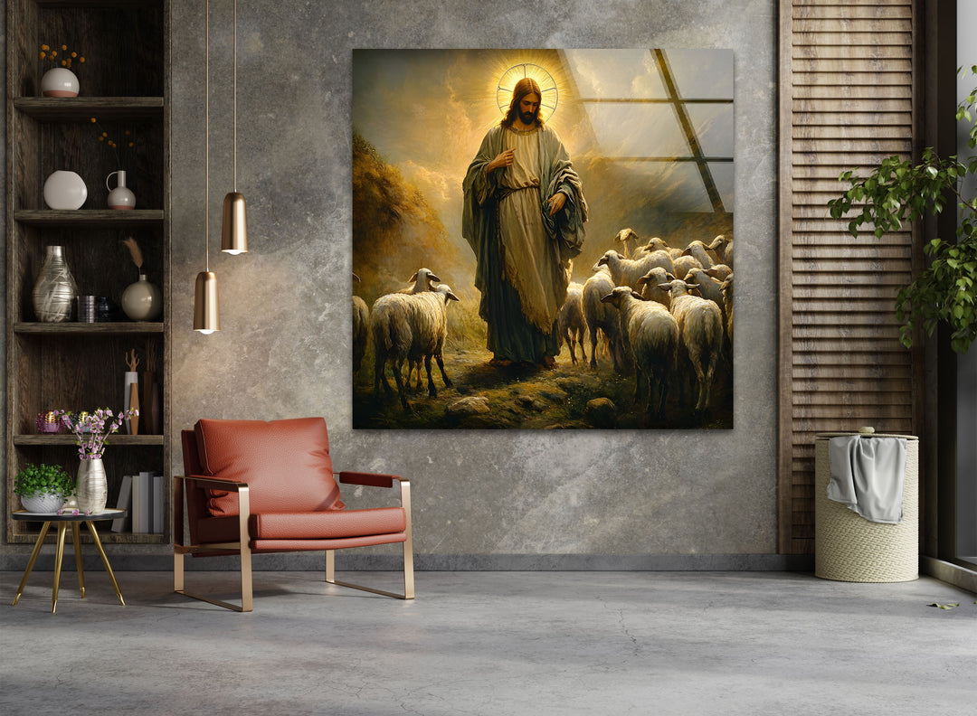 Der gute Hirte – Jesus mit Schafen – Wandbild aus Glas