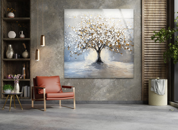Golden Blossom Tree – Elegant White and Gold Glass Wall Art