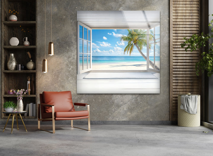 Tropical Escape – Palm Tree Ocean View Glass Wall Art