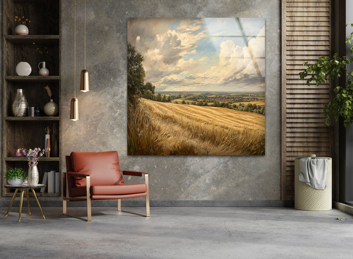 Golden Fields Horizon – Panoramic Wheat Landscape Glass Wall Art