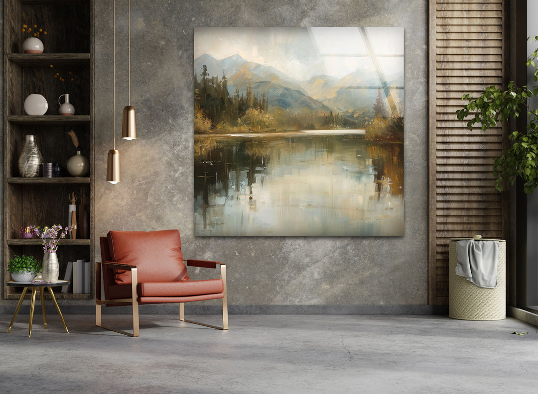 Tranquil Mountain Reflection – Misty Lake Scene Glass Wall Art