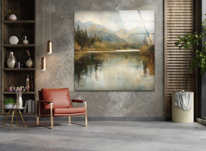Tranquil Mountain Reflection – Misty Lake Scene Glass Wall Art