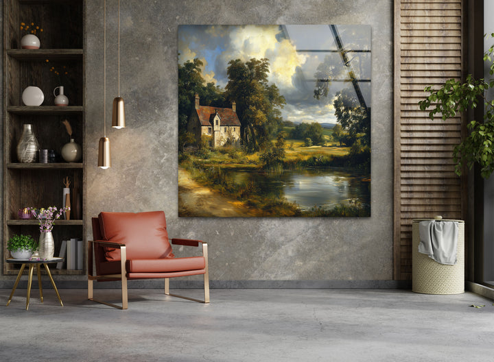 Cottage by the Pond – Vintage Countryside Landscape Glass Wall Art
