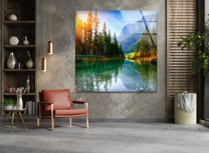 Tranquil Reflections – Alpine Lake and Mountain View Glass Wall Art