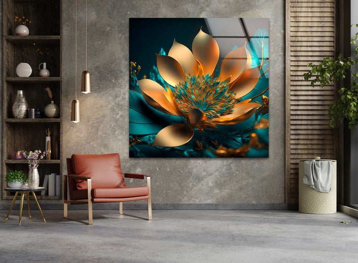 Golden Bloom Radiance – Modern Glass Wall Art