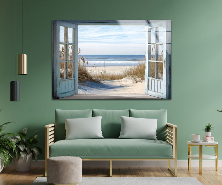 Ocean Breeze Escape – Open Window View Glass Wall Art