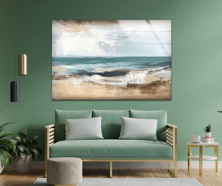 Tranquil Shoreline – Textured Coastal Horizon Glass Wall Art