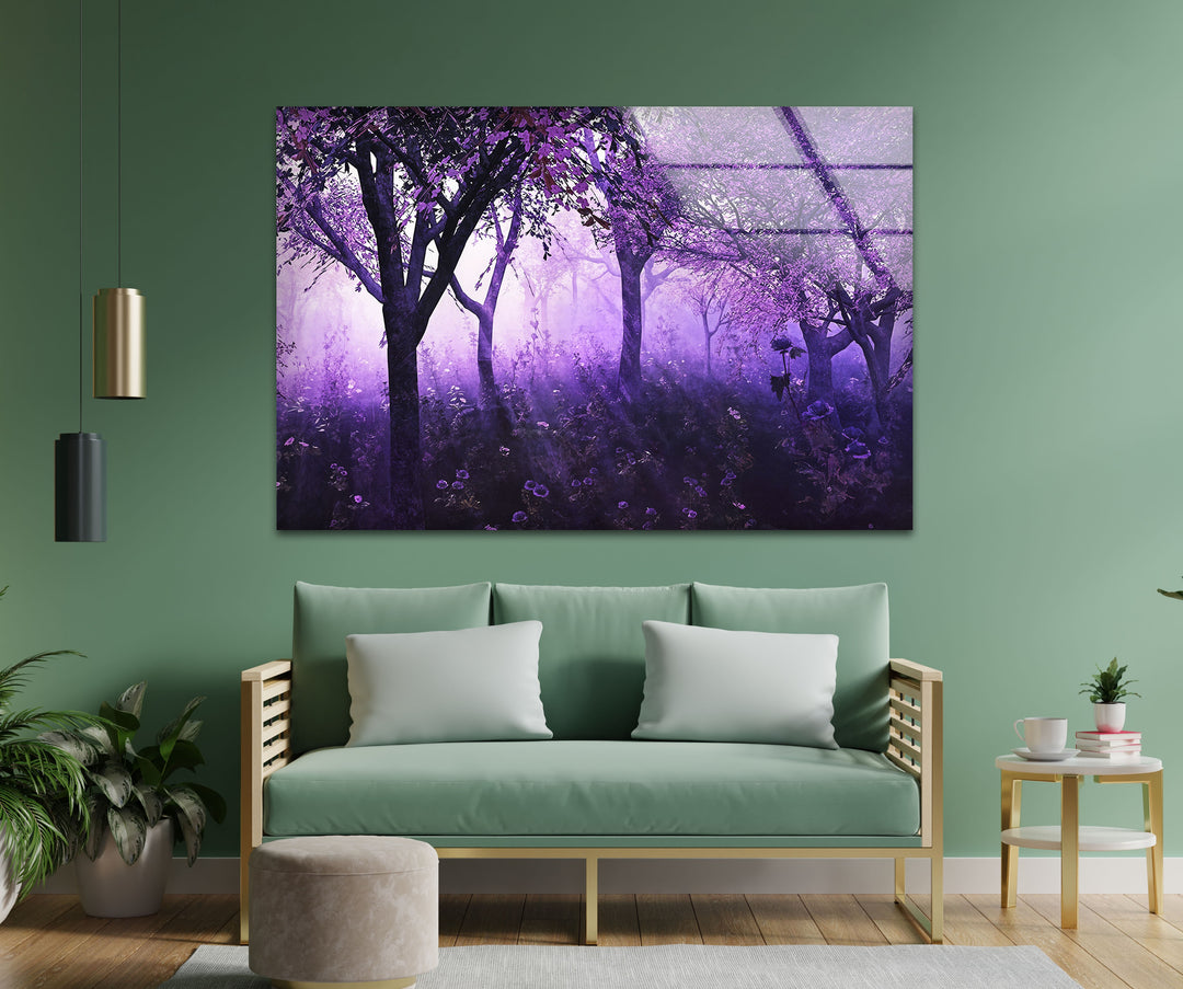 Mystic Purple Forest – Enchanted Trees with Lavender Light Glass Wall Art