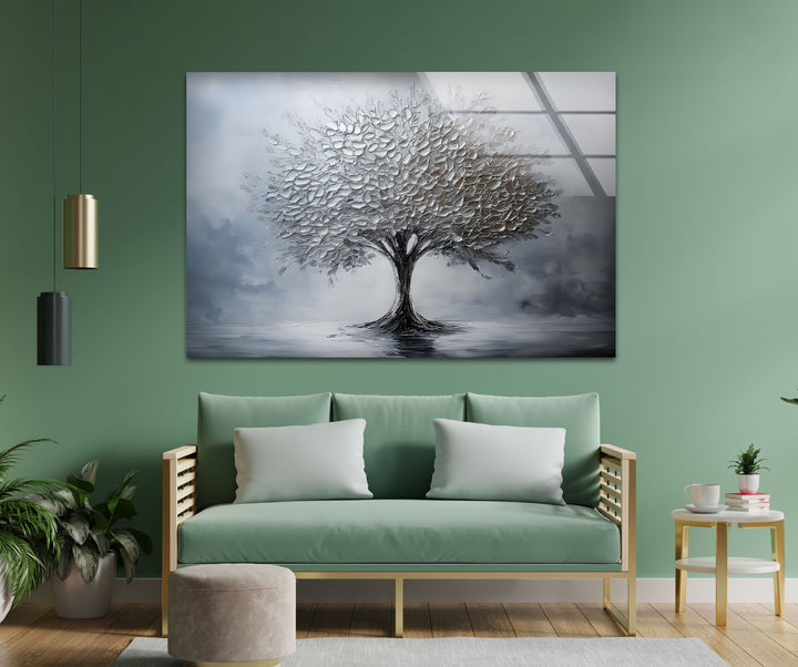 Silver Serenity – Moderne strukturierte Baumglas-Wandkunst